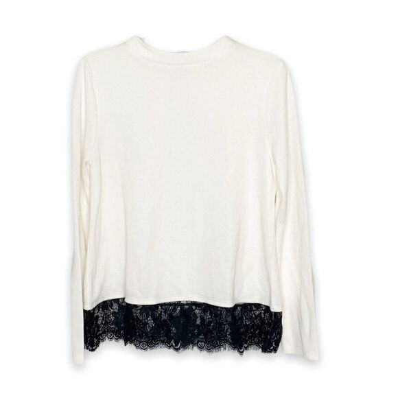 LOFT Outlet Light Sweater Winter White Cream Crew Neck Black Lace Hem Size Small - Picture 3 of 10